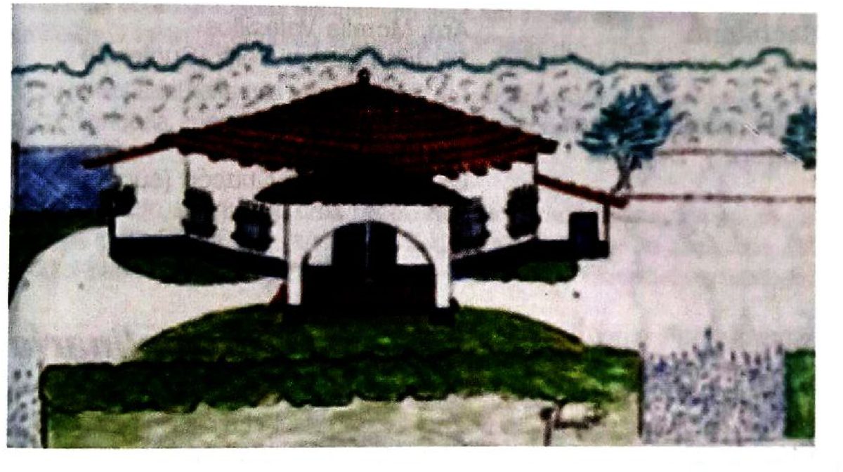 Dibujo coloreado de la primera sede: casa de techo de tejas rojas con un arco central, sobre una loma